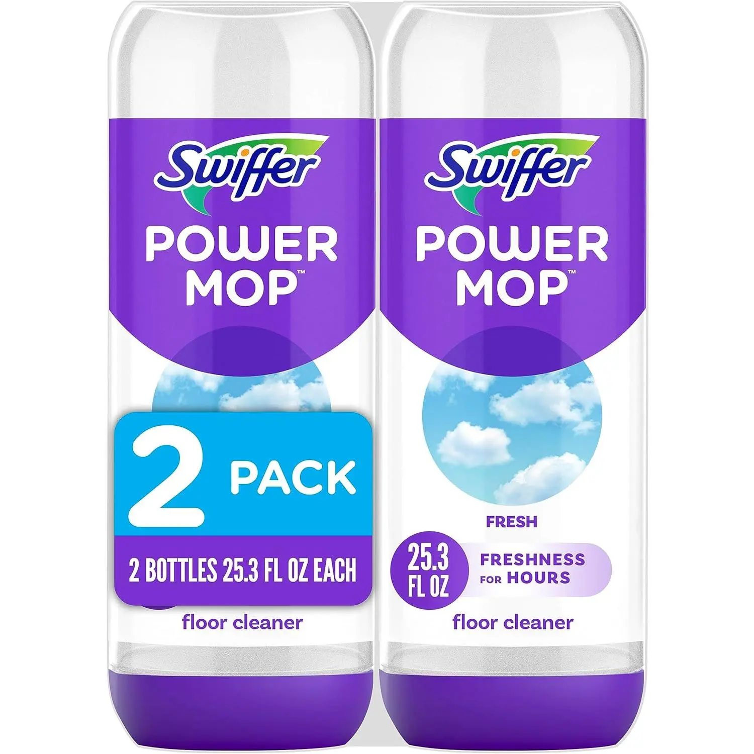Swiffer PowerMop Liquid Floor Cleaner Refills - Fast-Dry Multi-Surface & Wood Floor Solution, Fresh Scent, No Bucket Needed, 2-Pack Plastic Replacement Bottles, Camping Essentials for Spray Mops, 2 Bottles