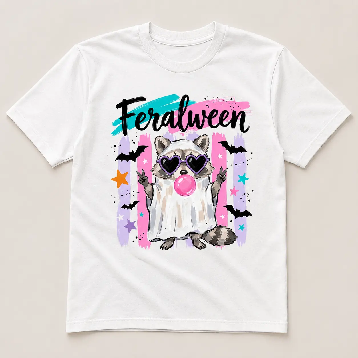 Feralween Raccoon Shirt Funny Halloween Retro Striped Sublimation Brushstroke Ghost Bubblegum Shirt Design