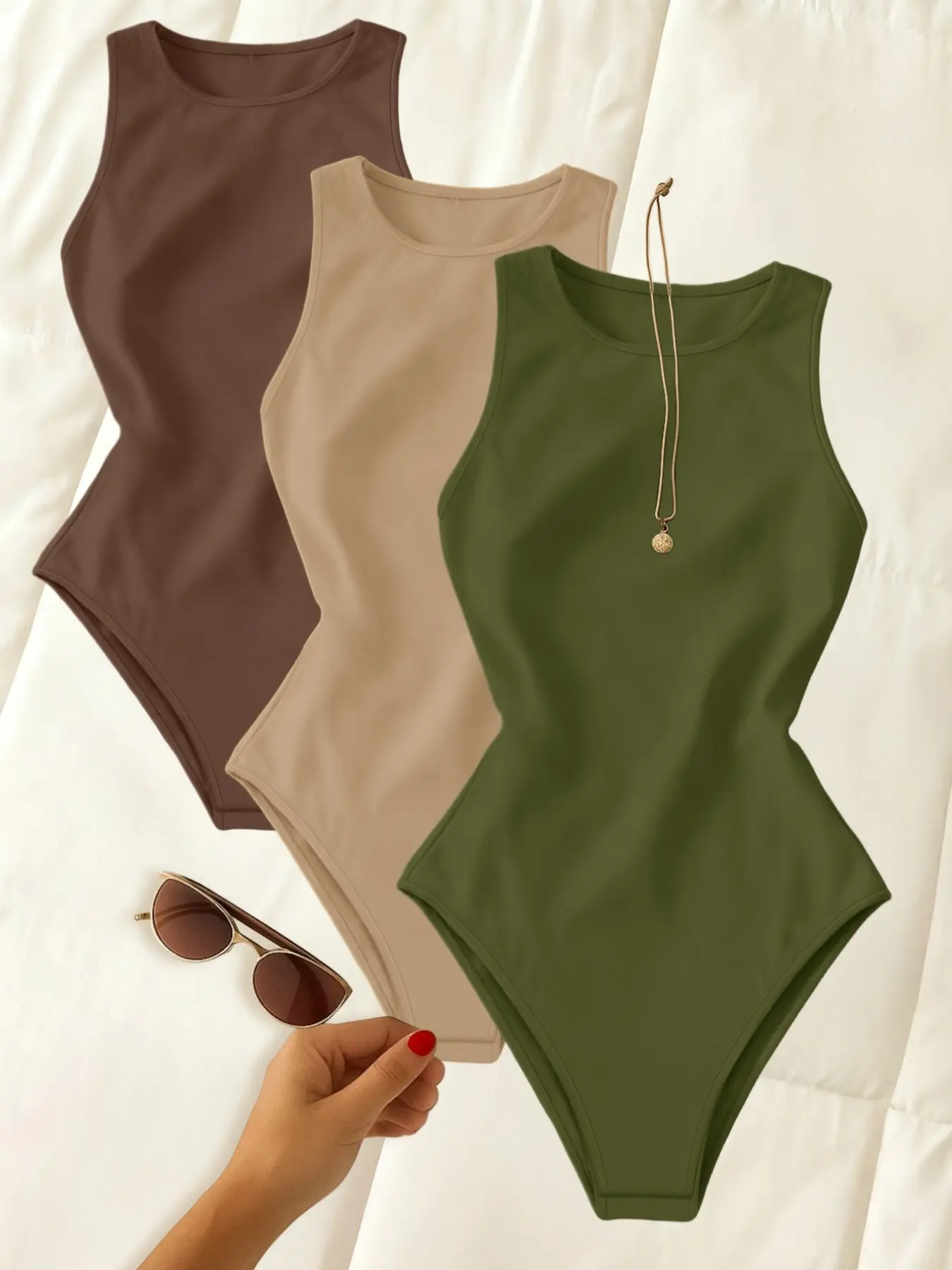 Women's New 3-Piece Sleeveless Medium-Stretch Slimming Vest Set, Casual Outerwear and Innerwear, Plain-Color One-Piece Vests