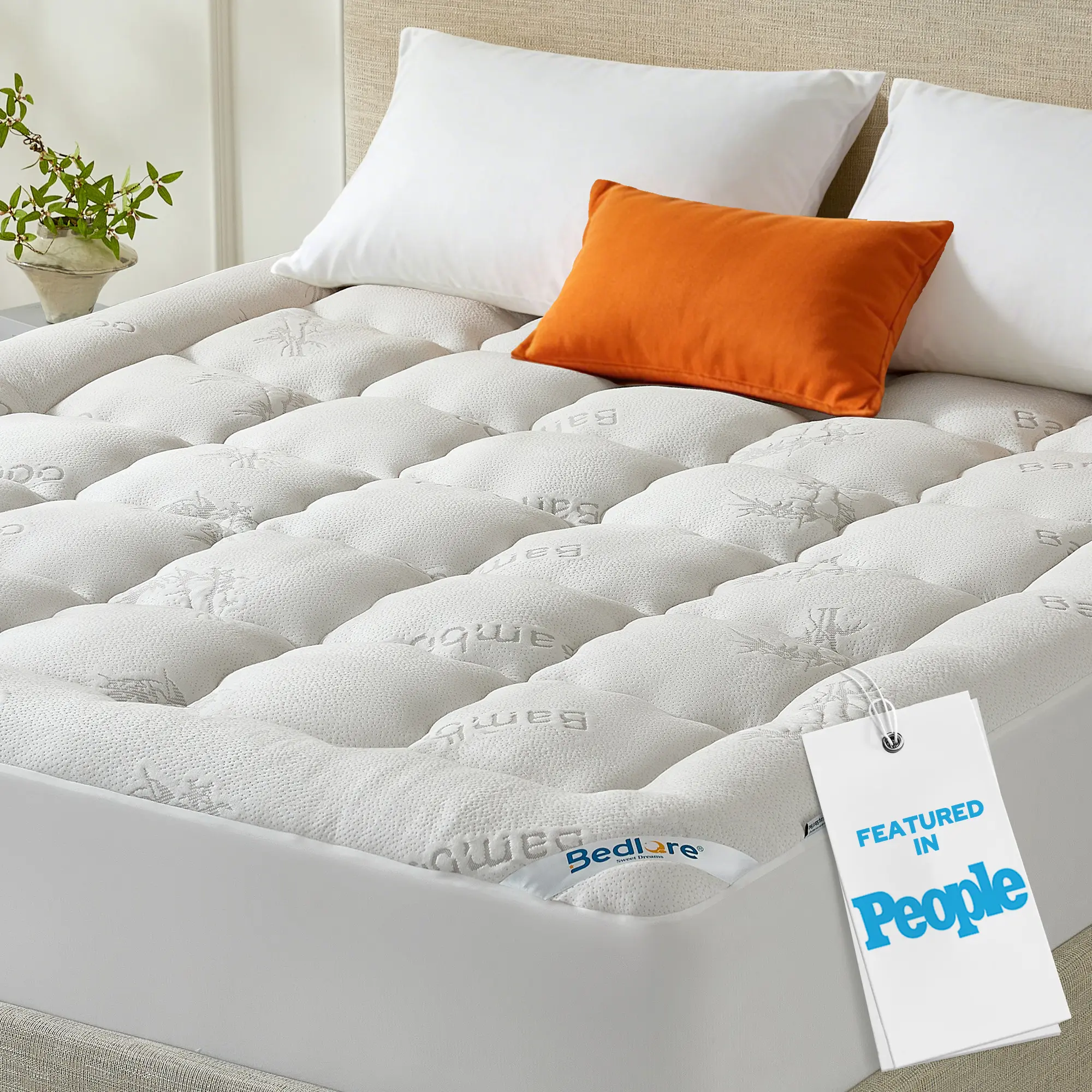 【BEDLORE】 Bamboo Mattress Topper, Extra Thick Plush Quilted Mattress Pad with Deep Pocket Fitted Skirt, Soft, Breathable, Silky-Smooth, Machine Washable, All-Season Comfort