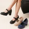 DADAWEN Women's Classic Stylish Mary Janes Heels - Chunky Mid-Low Heel, Snug Round-Toe Fit, 0.5" Platform Lift, Arch Support, All-Season Comfortable Business Workwear for Wedding, Dress Occasions