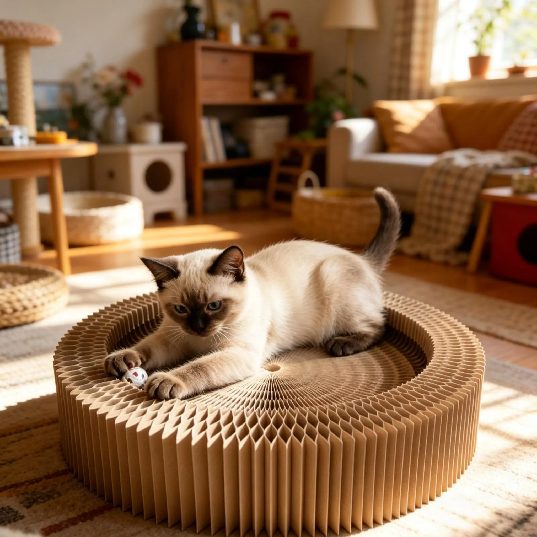 Foldable Magic Accordion Cat Scratcher Toy with Bell, Compact Cardboard Cat Scratch Post, Fun Interactive Play Toy for All Indoor Cats, Furniture Protector mat