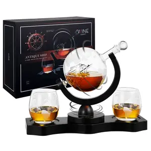 Rotating Whiskey Decanter Globe Set with 2 Etched Whiskey Glasses | Gifts for Men & Dad.  Wooden  Drink Decanter