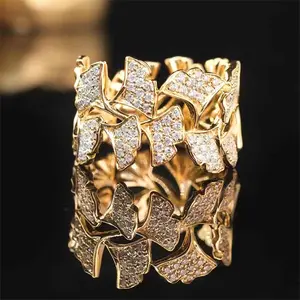 Women Ginkgo Leaf Ring, Half Circle Inlaid CZ, Elegant Forest Style Finger Ring with Irregular Arrangement