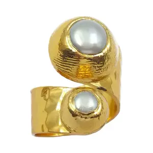 Twin Moon Pearl Ring - Gold Tone Adjustable Band with Double Pearl Accents for Women's Fashion
