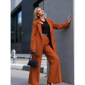 Two piece set of women's casual orange suit jacket and pants, suitable for autumn and winter, suitable for home, indoor, and outdoor wear