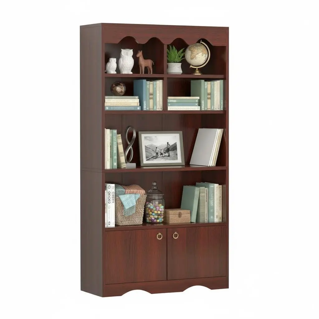 Wooden 5-Tier Modern Office Bookshelf with Door Storage - 63 in Tall Display Cabinet - Sturdy Semi-Open Shelves for Home, Living Room