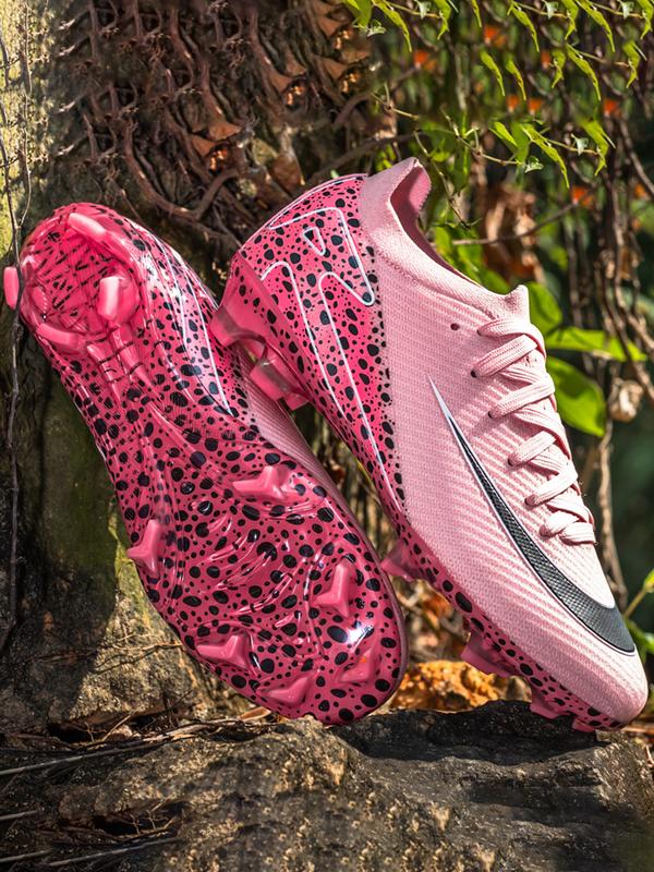 Parent-Child Leopard Print Soccer Shoes, Soccer Cleats, Breathable Knit Material, Professional Long Nails, Sporty Style, All Seasons