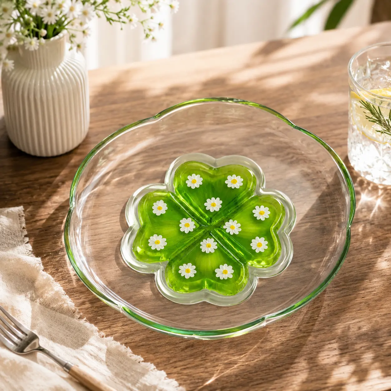 Green 4-Leaf Clover Glass Dessert Plate - 6.9 in Daisy-Patterned Kitchen Tableware for Snacks, Fruit, Table Decor