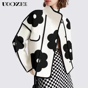 Long Sleeves Loose Contrast Color Flower Print Split-Joint Stand Collar Jackets Outerwear��gift�� Womenswear Coats