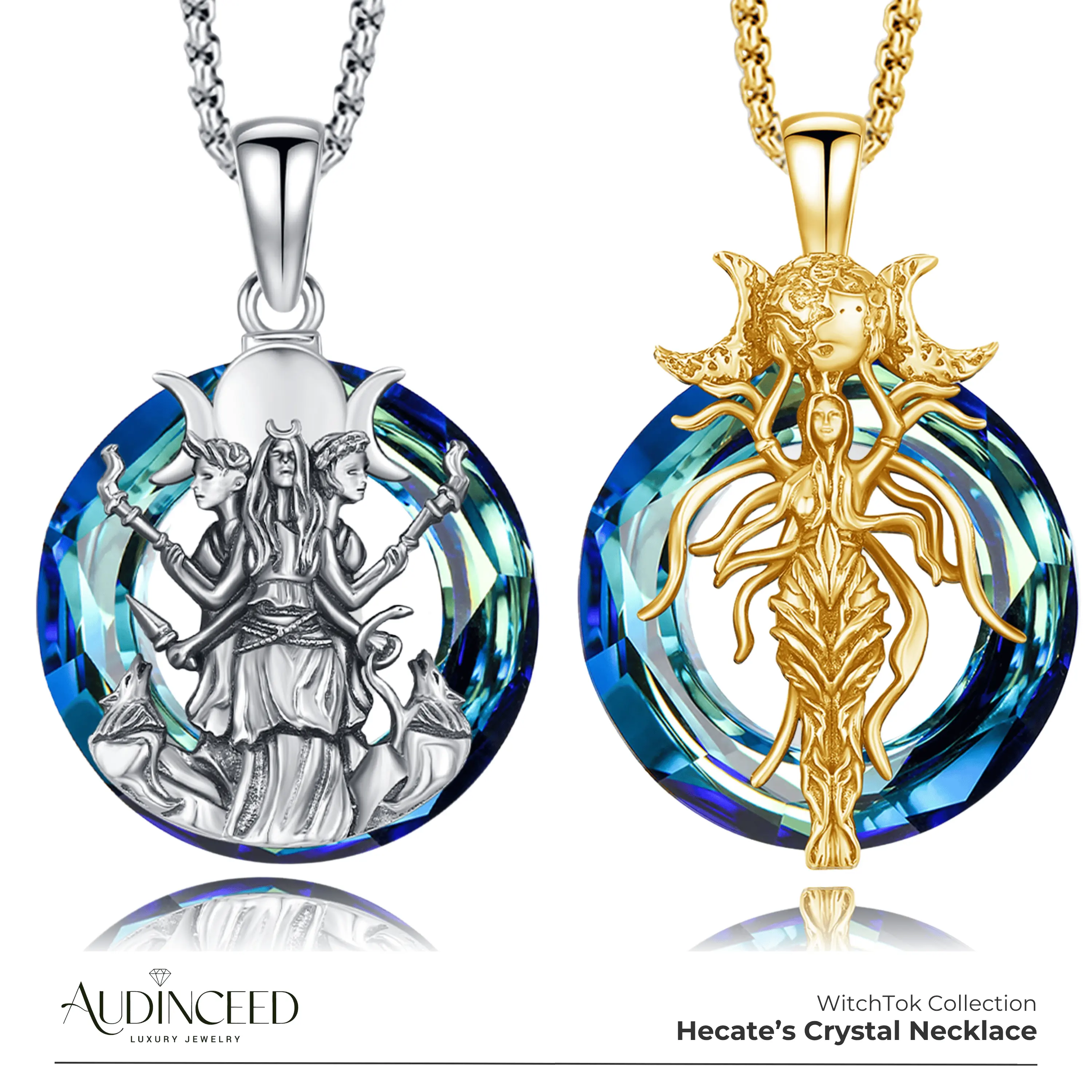 Audinceed Hecate Life Crystal Necklace, S925 Sterling Silver Luxury Hekate Hecate Triple Goddess Witchcraft Witches Witchy Silver Pendant Necklace Amulet Blessed Jewelry Gift For Anniversary Birthday Women