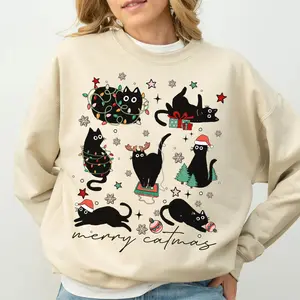 [Christmas Sweatshirt] Christmas Cat Sweatshirt, Catmas Meow Christmas Tree Light Its Fine Holiday Sweater, Funny Kitty Black Cat Xmas Crewneck, Festive Kitten Gift, Cat Lovers Gift, Cat Mom, Funny Cat Lover Sweatshirt, Holiday Cat Sweater