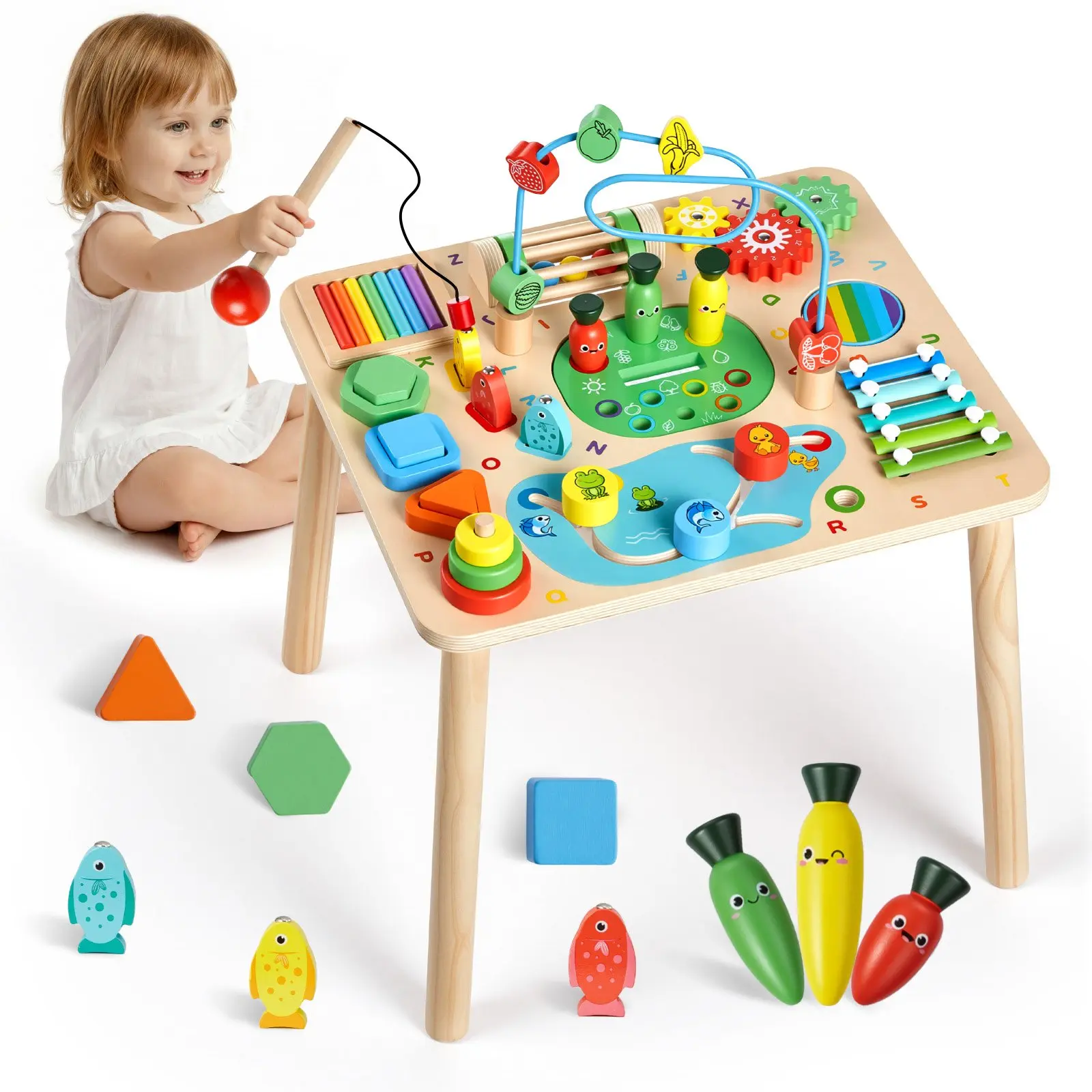 VEVOR Unisex Wooden Montessori Learning Activity Desk, 13-in-1 17.7 x 15.0 x 21.5 in Play Table for 0-3 Years Old Toddlers, Boosts Fine Motor Skills & First Words, Made for Family Time, Ideal Birthday Gift