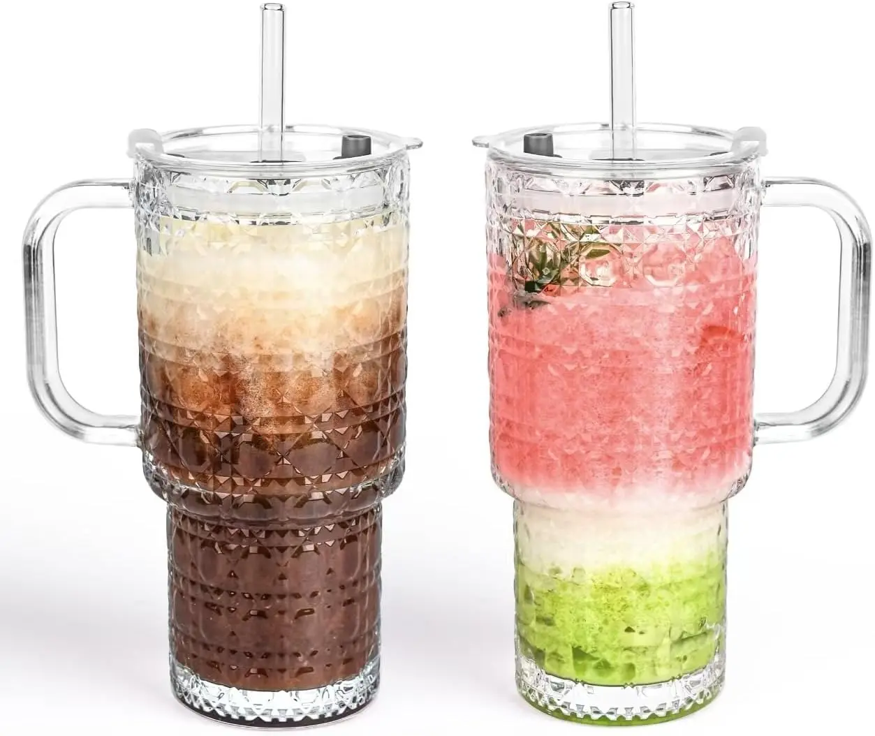 26oz Ribbed Glass Tumbler Set of 2 with Handle and Leakproof Lid, Reusable Iced Coffee Cup with Straw for Home, Office, Travel and Kitchen Accessories