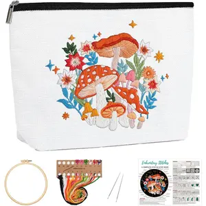 Embroidery Kit for Beginners,Canvas Makeup Bag, Stitch Kits for Adults,Arts Crafts Needlepoint-Mushroom Flower
