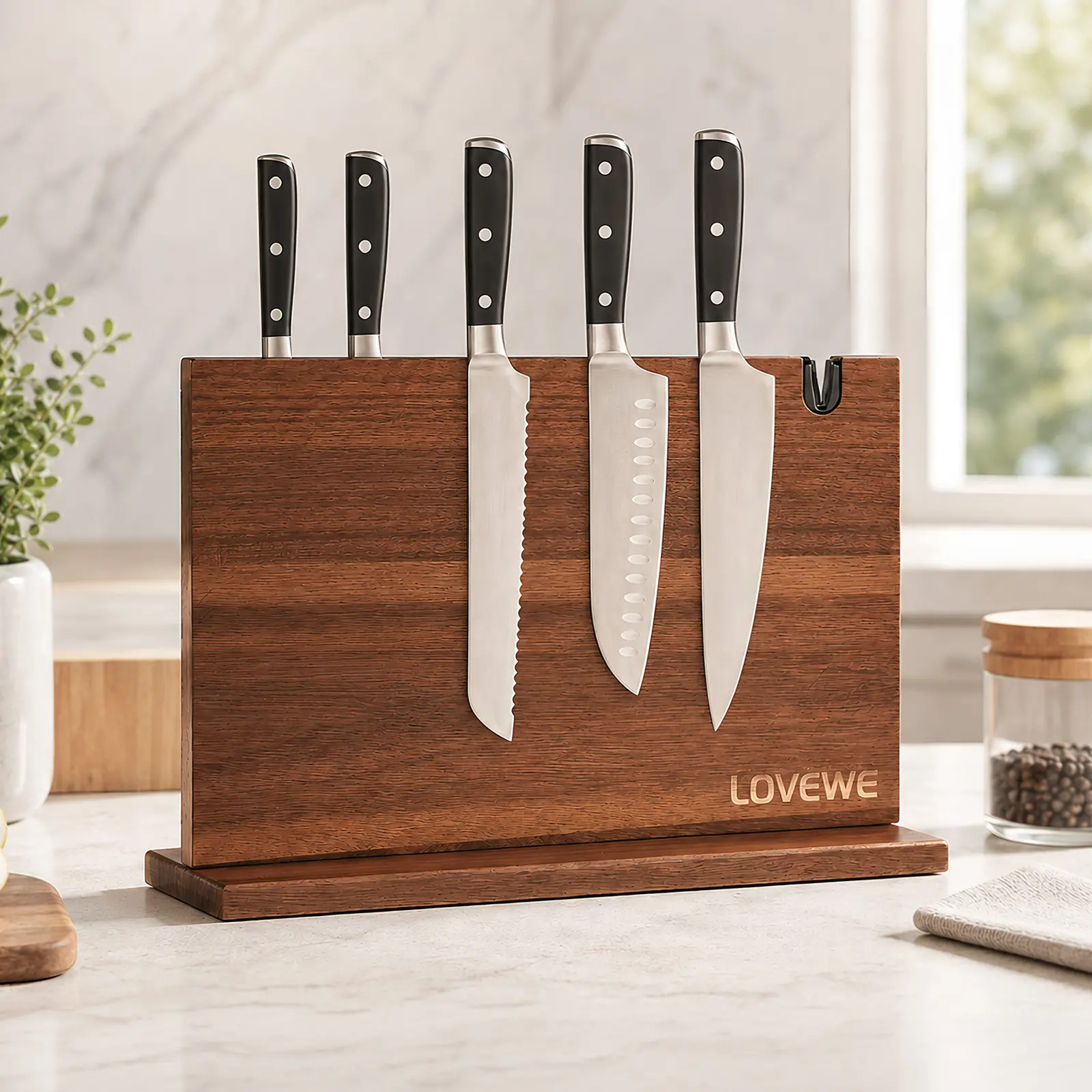 Kitchen Knife Magnetic Holder, Double Sided Universal magnetic knife block Rack for Kitchen Counter, Acacia Wood Magnetic Knife Storage Stand with Knife Sharpener,15 x 9Inches