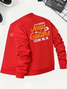Jesus Guitar Letter Print Casual Stand Collar Fitted Hoodie Jacket for Men, Spring & Fall Fashionable Zipper Coat, Stylish Versatile Outerwear