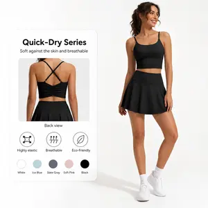 Women's 2-Piece Quick Dry Athletic Set, Criss Cross Back Spaghetti Strap Crop Tank Top & High Waist Pleated Tennis Skort, Breathable Elastic Outfit for Golf, Yoga