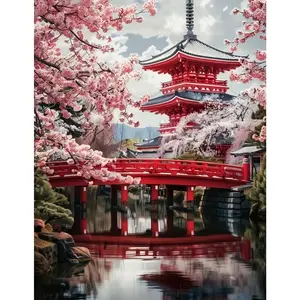 Cherry Blossoms Flower  Painting Kits for Adult Beginners, Traditional Architecture  Art Kits,Full Drill  with  Dot  Art Painting for Home Decor 12x16 inch