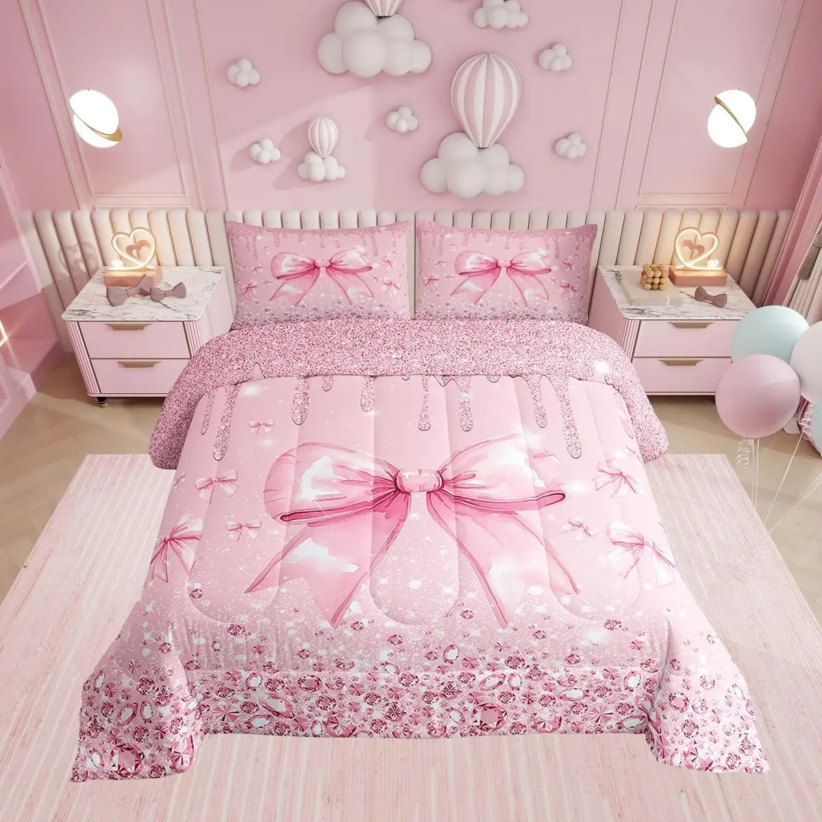 Feelyou Girls' Princess Bow Microfibre Bedding Set - Soft Warm Bedding, Kids Quilt, Diamond Sequins Bowknot Floral Design, Kawaii Watercolor Floral Sheets, Polyester Fiber Fill, Lightweight Travel-Camping Queen-Size Option, Multi-Size, Machine Washable, T