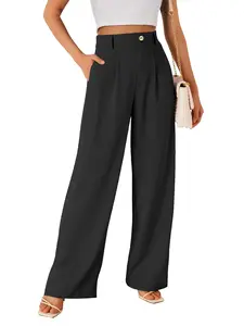 Women’s black high-waisted pleated wide-leg suit pants with a single metal button, drapey fabric, pockets—straight cut, versatile for commuting, slimming and height-enhancing.