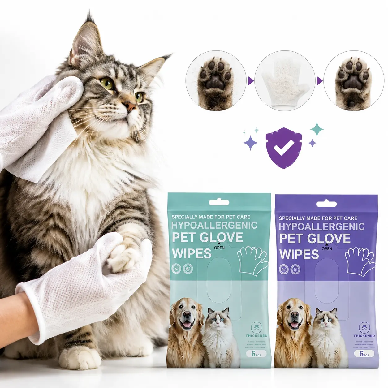 6-Pack Disposable Extra-Thick Wet Pet Grooming Glove Wipes - Lick-Safe, Alcohol-Free, Mess-Free, Cleansing, Deodorizing, Sensitive Skin Safe, 90g, Easy for Paw, Eye, Ear Cleaning Post Walks for Dogs & Cats