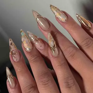 Handmade Opal Luxe Press On Nails | 3D Gold Gel Frames, Iridescent Shell Shards, Pearl Accents | Stiletto Nails For Elegant Vibe