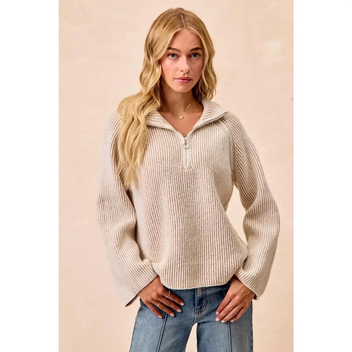 BiBi Two Tone Rib Texured Knit Collared Top with Zip Up