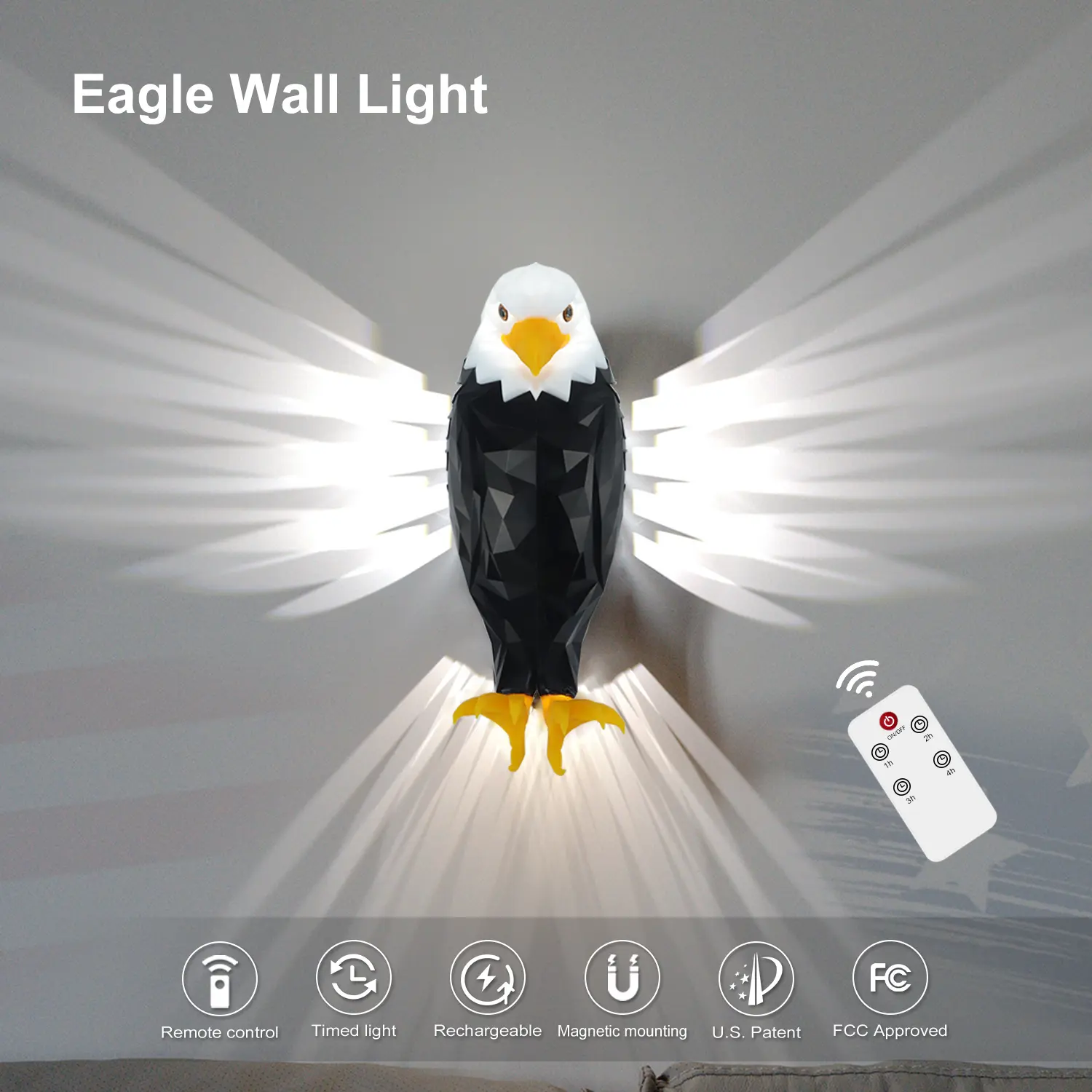 Bald Eagle Wall Light and American Eagle Illuminated Night Light (including remote control), powered by batteries, are creative wall lights suitable for bedrooms, living rooms, corridors, holiday decorations, children's rooms, and home decor