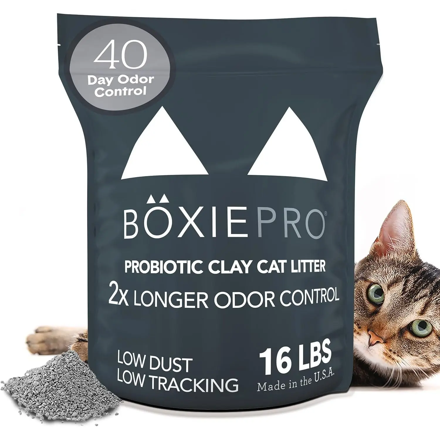 Boxie Probiotic Bentonite Clay Cat Litter - 16 lb, 40-Day Odor Control, Clump Tight, 99.9% Dust-Free, Fragrance-Free, Highly Absorbent, Hypoallergenic, Minimal Mess, Easy Maintenance, Fits All Litter Box Types, Self-Cleaning Friendly (1-Month Supply)