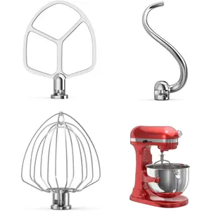 Stainless Steel Kitchen Mixers Accessories Compatible with Kitchen Aid Mixer and 5.5-6 Qt Bowl. KN256 6-Wire Whip, 5.5-6QT Flat Beater, 6QT Dough Hook Attachment Dishwasher safe