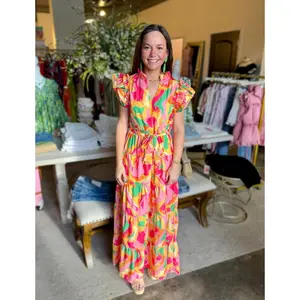 Pink Multicolor Pleated Flutter Sleeve Tie Front Maxi Dress