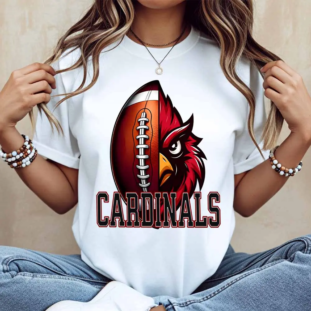 Cardinal Bird And Football Print T Shirt White Casual Short Sleeve Tee For Leisure And Sports Activities