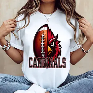 Cardinal Bird And Football Print T Shirt White Casual Short Sleeve Tee For Leisure And Sports Activities