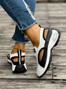 Women's Hollow Out Casual Lightweight Sandals, Summer Outdoor Wear, Thin Platform Thick Sole, Height Increasing, Plain Pattern, Textile Material