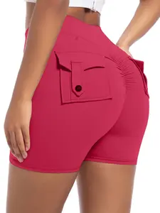 Rose Red High Elastic Yoga Shorts with Pockets - Tummy Control, Butt Lifting, Lightweight & Breathable Athletic Shorts, Solid Pocket Shorts