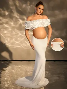 Cheriluna Maternity Maternity Sexy Off-Shoulder Very Crop Top With Low Waist Dragging Skirt For Photography, For Photoshoot