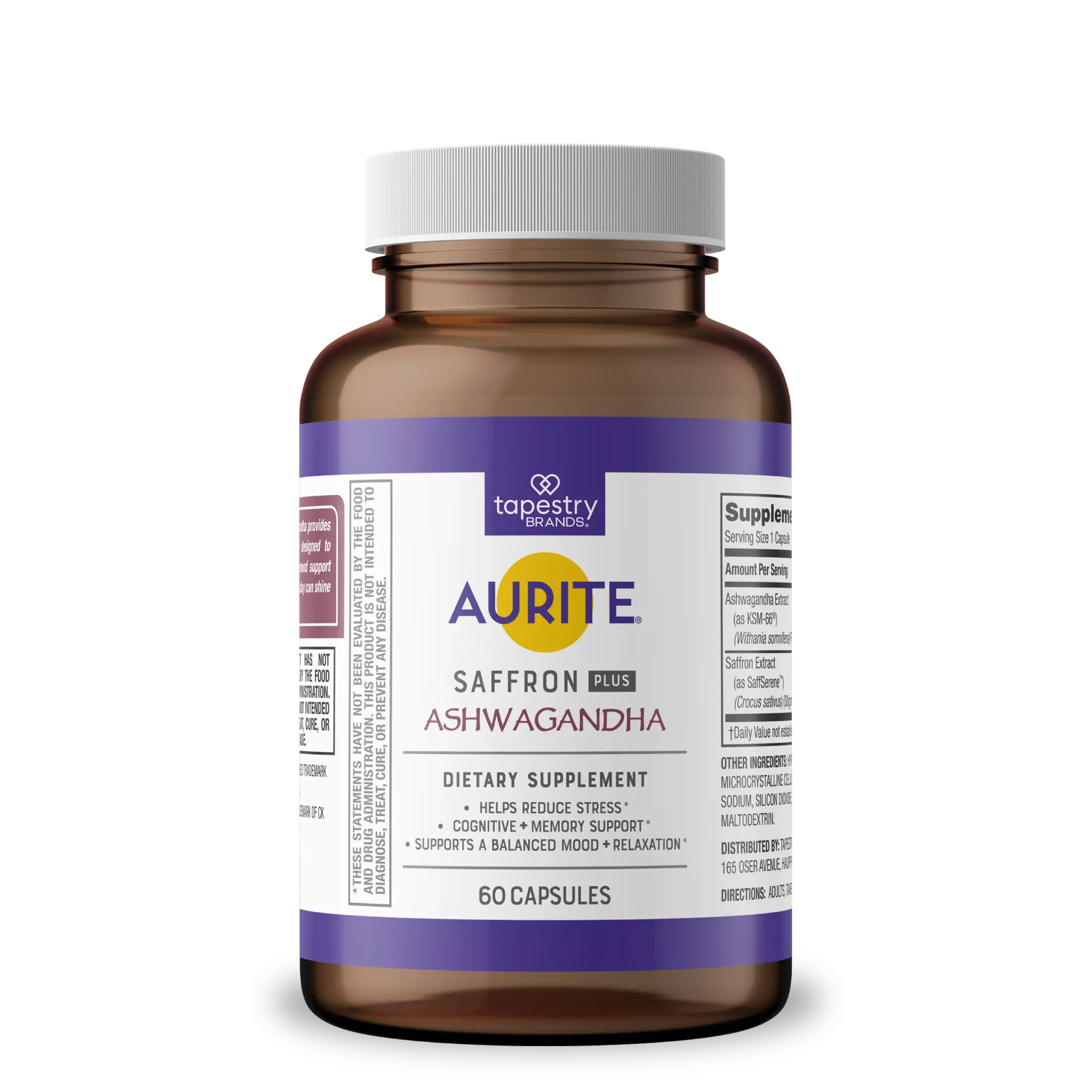 Aurite Saffron Plus Ashwagandha Dietary Capsule, Herbal Brain Health Supplement, Natural Stress Calm Herbs for Overall Wellness Support