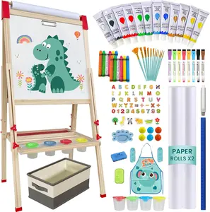 Adjustable Wooden Art Easel for Kids Aged 2-12, Double Sided Magnetic Chalkboard and White Board, with 114+ Art Supplies and 2 Paper Rolls for Drawing and Painting