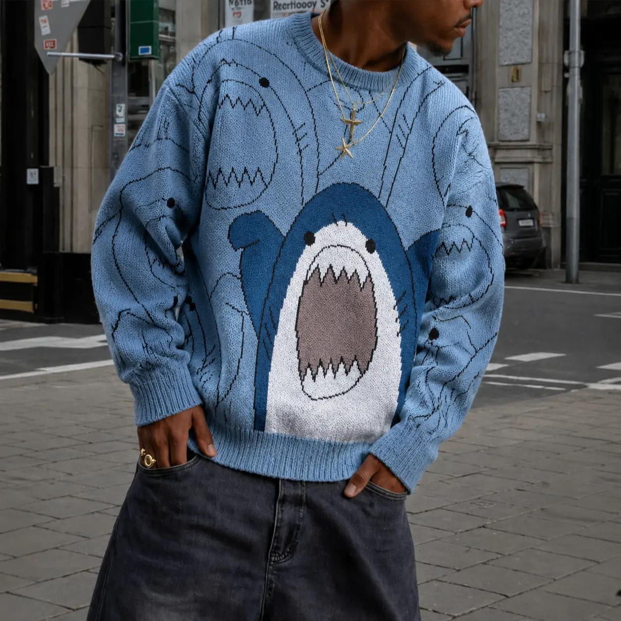 Men's Shark Graphic Crewneck Knit Sweater. Cozy Unisex Oversized Pullover for Matching Couples. Trendy Fall Back to School Outfit & Essential Layering Piece. Wear as Casual Outerwear or Warm Inner Top for Everyday Style.