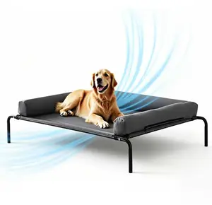 Gray Elevated Dog Bed with Pillow, Portable Breathable Textilene Mesh Raised Dog Cot, 110lbs Load-Bearing Large Dog Bed with Bolster, Easy Setup Indoor Outdoor Pet Bed