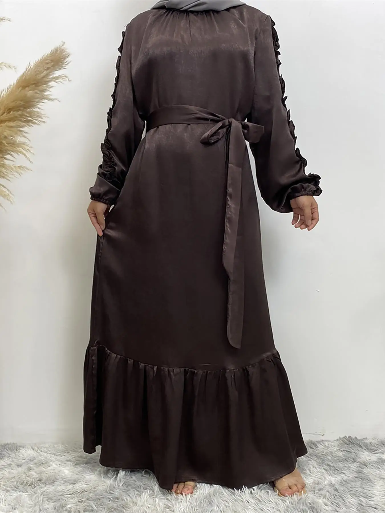 Women's Plain Frill Trim Ruffle Hem Belted Kaftan Dress, Modest Casual Bishop Sleeve Maxi Dress for Daily Wear, Ladies Islamic Clothing for Summer