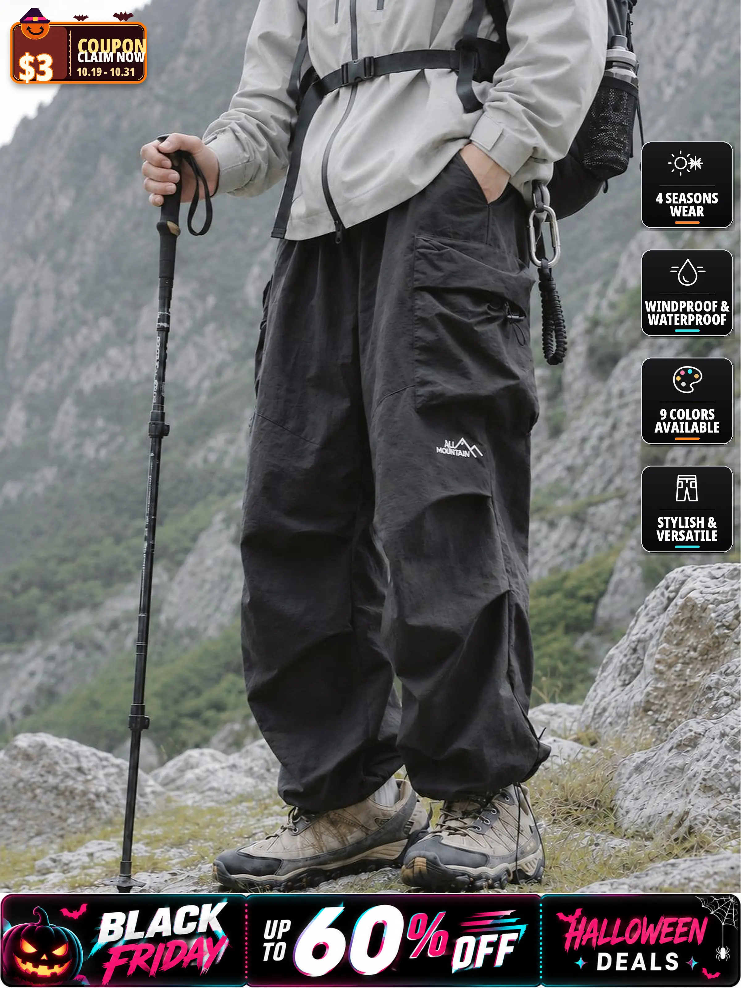 【CREATOR’S PICK】CAONAT Unisex Loose-Fit Hiking Pants - Lightweight Water-Resistant Quick-Dry Outdoor Pants, Elastic Waist with Pockets, Relaxed Fit for Easy Movement, Ideal for Hiking, Camping & Everyday Wear cargo pants 22333 casual all season