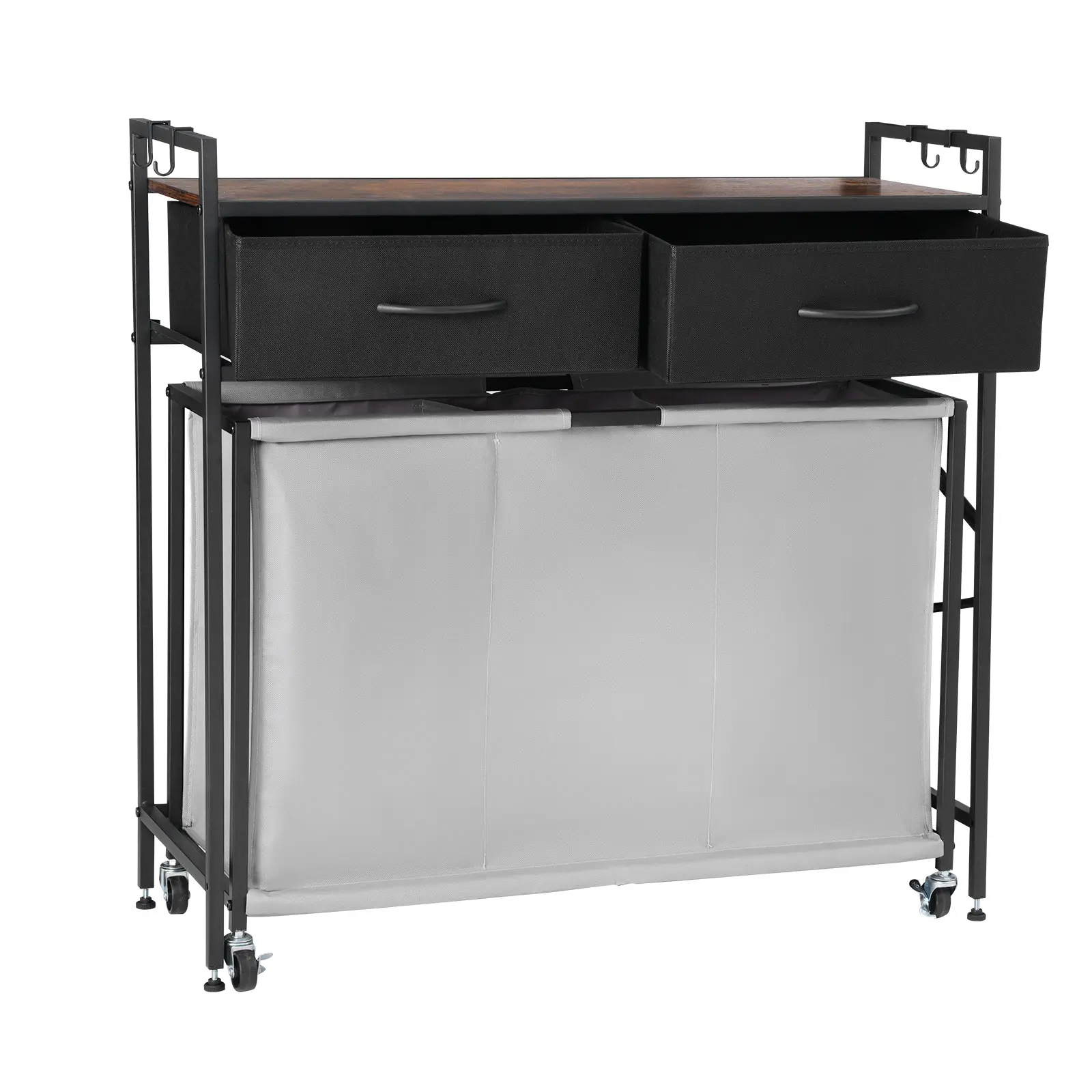 【summerfinds】VEVOR 3-Section Laundry Sorter, Large Laundry Hampers with 2 Drawers, Hooks, Wheels, Pull-Out Rolling Bags & Wooden Tabletop, Basket Organizer for Dirty Clothes, Bathroom, Laundry Basket
