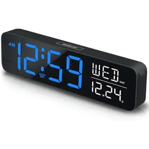 Large Display Digital  Clock for Bedrooms, Date Day of Week Calendar Desk Table Clocks for Living Room Office, Dimmable Plug in Electric Clock, 5 Volumes, Loud, Auto DST