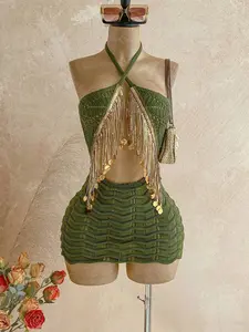 MALINDA Women's Vacation Beach Sequin Tassel Decor Backless Halter Mini Knit Dress