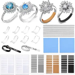 Ring Size Adjuster for Loose Rings- 110 Pcs Ring Size Adjusters Set Includes 8 Plug-in Invisible Ring Adjuster, 8 Spiral Silicone Tightener, EVA Invisible Sticker,Ring Size Measuring Tool