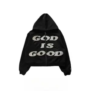 “GOD IS GOOD” Full-Zip Hoodie Sweatshirt, Unisex Streetwear with Thorn Crown Graphic, Faith-Style Design, Soft Fabric, Long Sleeves, Casual Athletic Loose Fit, Oversized, Jeans-Matching Pullover, Men’s Wear, Classic Oversized Crewneck