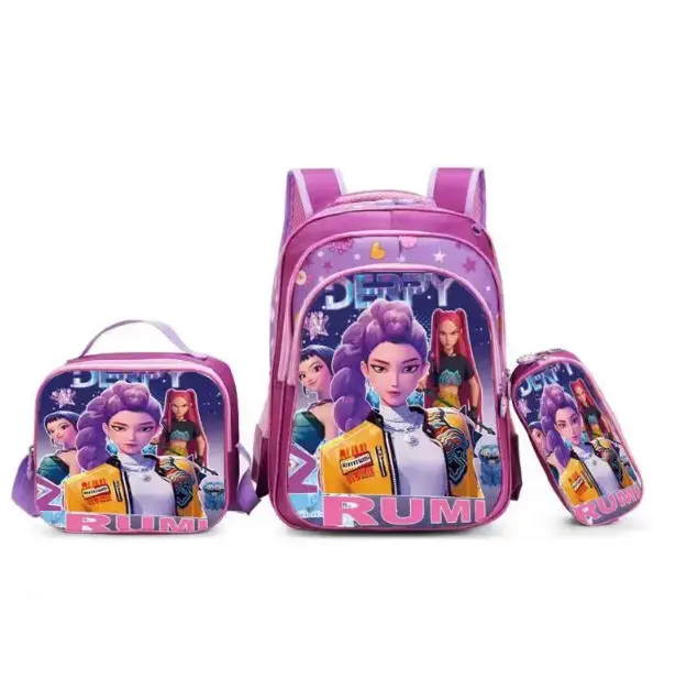 3D Anime K-Pop Girl 3-in-1 Backpack Set, 15.7 Inch Pink Laptop School Bag with Matching Lunch Box Bag & Pencil Case, Cute Kawaii Student Travel Daypack for Girls Teens