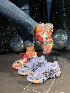 Women's Thick Sole Sparkling Rhinestone Casual Walking Shoes, Floral Decorated Shoe Face, Unique Design Durian Spiky Sole, Fashion Versatile Sneakers